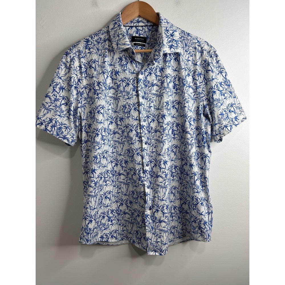 Bugatchi OoohCotton Tech Mens XL Short Sleeve Palm Tree Print Stretch Shirt Blue